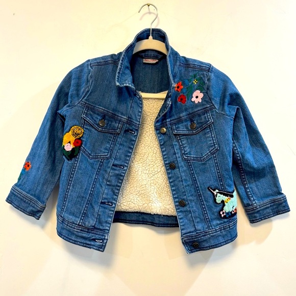 HANNA ANDERSON denim jacket embroidered and patches w sherpa lining - Picture 1 of 4